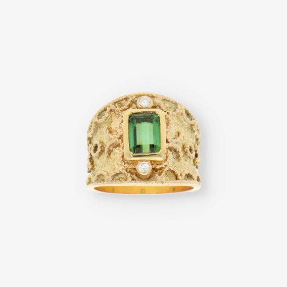 Anillo oro, piedra verde y bri