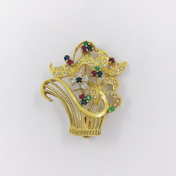 Broche en oro, circonitas y piedras de color