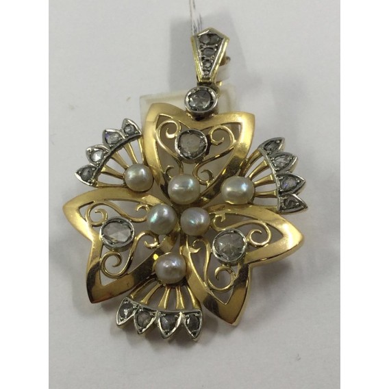 Broche de oro con diamantes y perlas