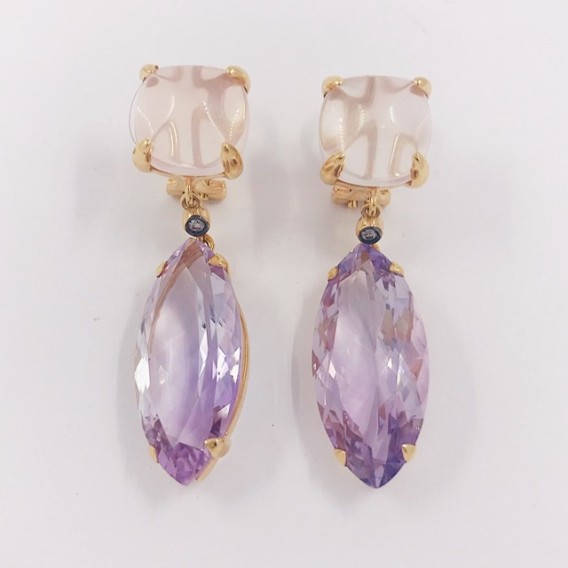 Pendientes en oro 18kt con cuarzo rosa y brillante