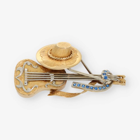 Broche sombrero y guitarra oro 18kt