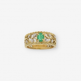 Anillo de oro 18kt con brillantes y esmeralda | Comprar anillos de segunda mano