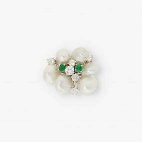 Anillo oro blanco 18kt con perlas brillantes y esmeraldas | Comprar anillos de segunda mano