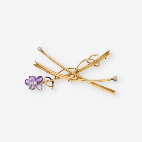 Broche de oro con piedras en forma de flor lila y brillantes | Comprar broches de segunda mano