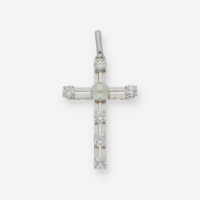 Colgante cruz en oro blanco 18kt con brillantes y perla | Comprar colgantes de segunda mano