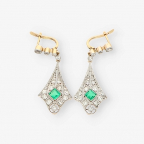 Pendientes en oro 18kt con diamantes y esmeralda | Comprar pendientes de segunda mano